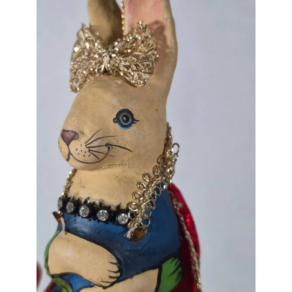 Vtg Hand Painted Papier Mache Bunny Rabbit Ornament Red Cape Rhinestone Collar